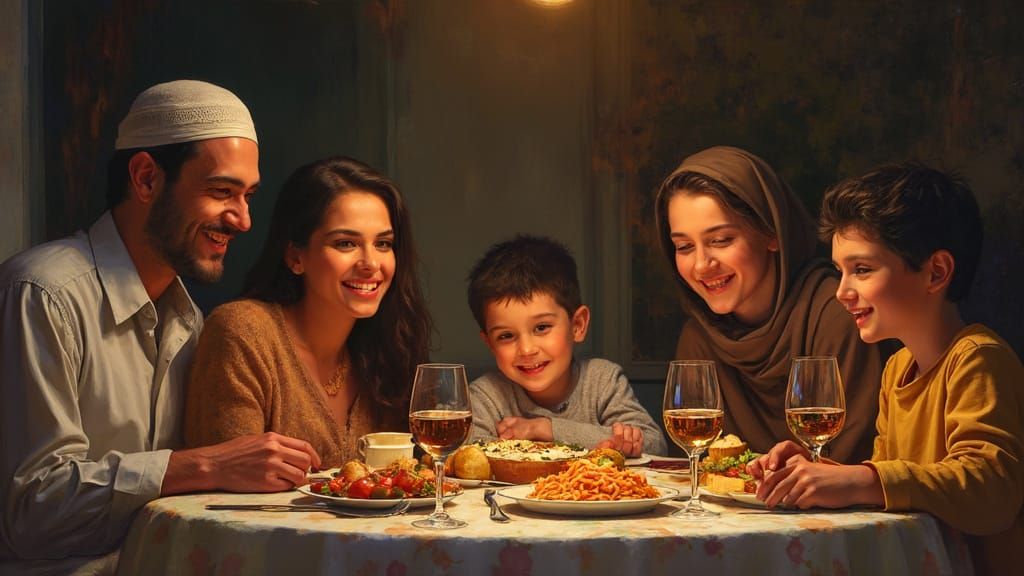 Muslim Family Dinner Scene as Realistic Oil Painting
