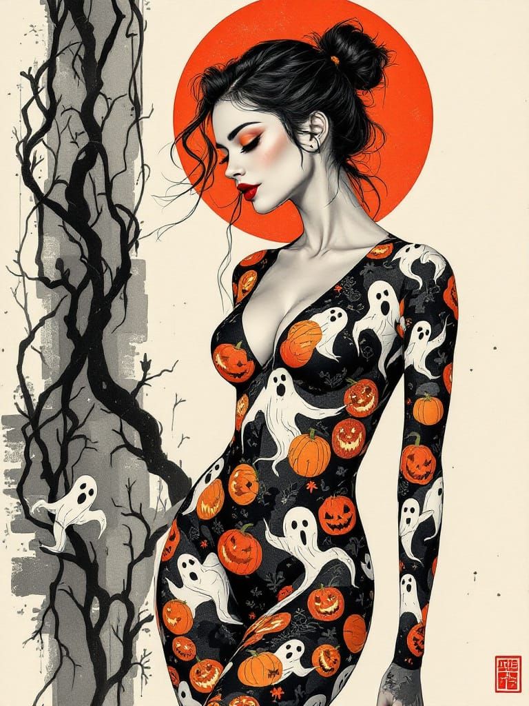 Halloween Pinup in Bold Geometric Style