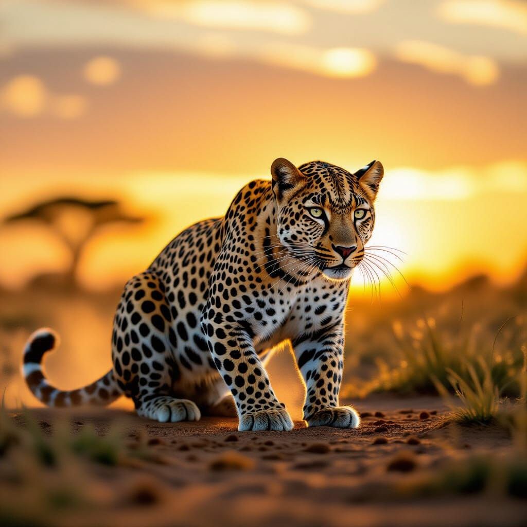 Leopard Hunting at Golden Hour in Photorealistic Style