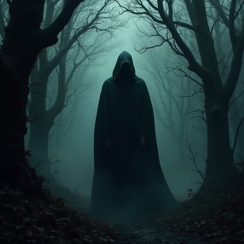 Mysterious Cloaked Figure in Dark Fantasy Forest