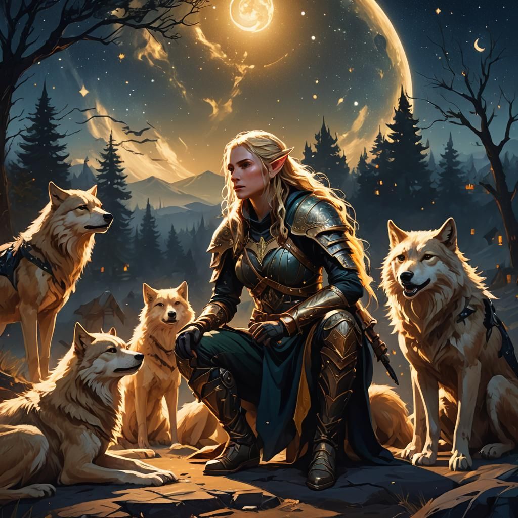Elf Rogue Sings to Wolves in Oil Painting Style
