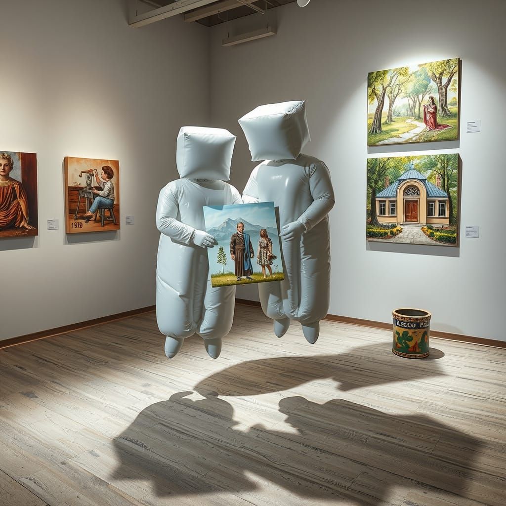 1956 Czech Students as Vinyl Figures Hover in Art Gallery
