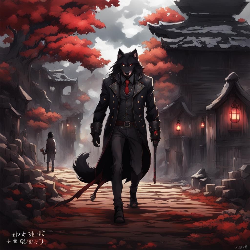 Handsome Black-Haired Man with Red Eye in Anime Style