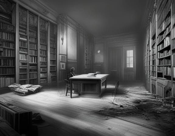 Grayscale Future Library Scene with Old Man
