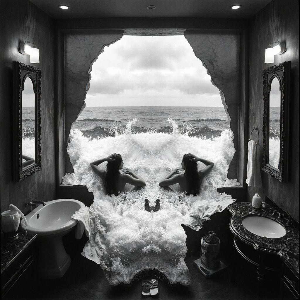 Surreal Ocean Bathroom Scene with Women