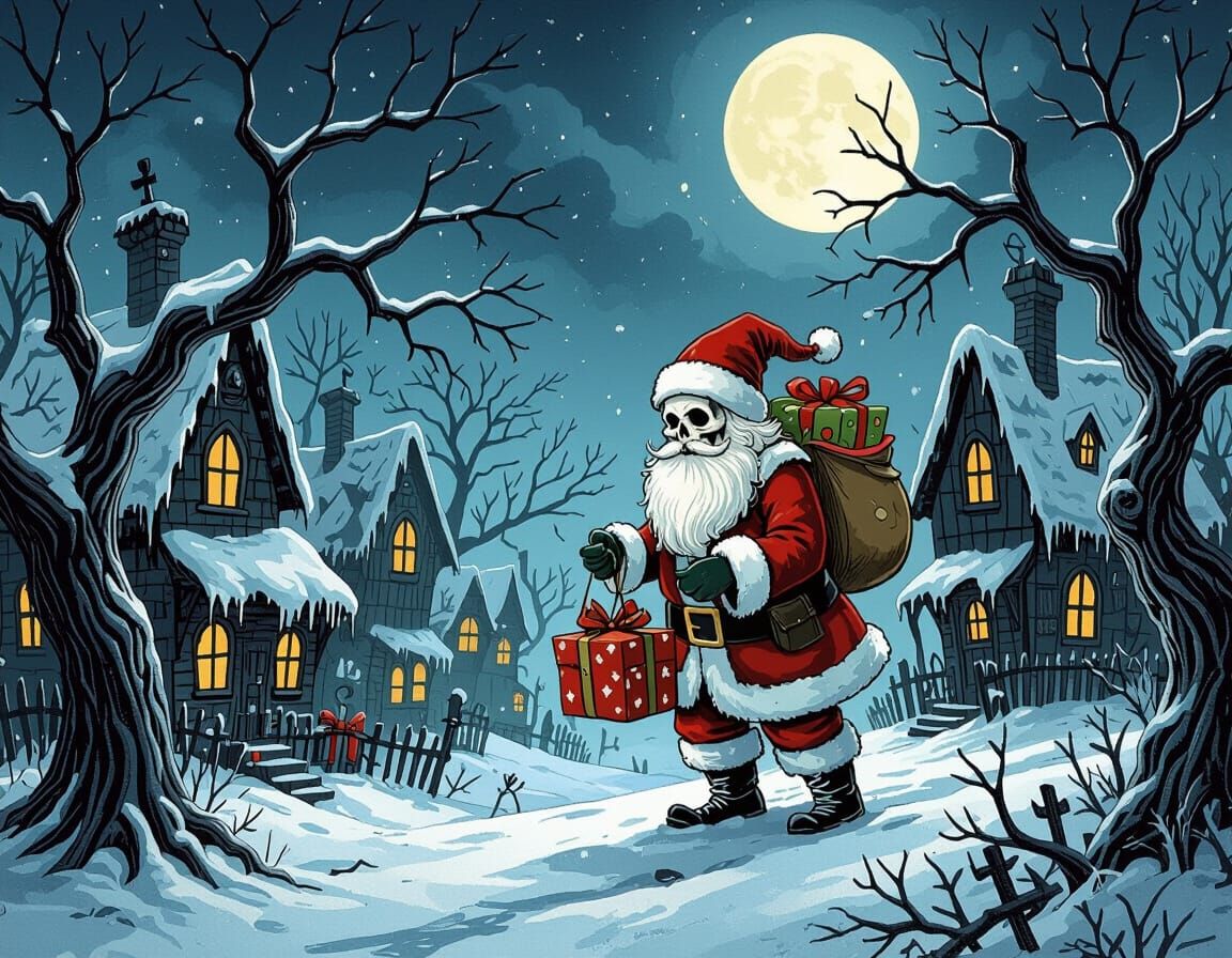 Skeletal Santa in a Ghoulish Christmas Village