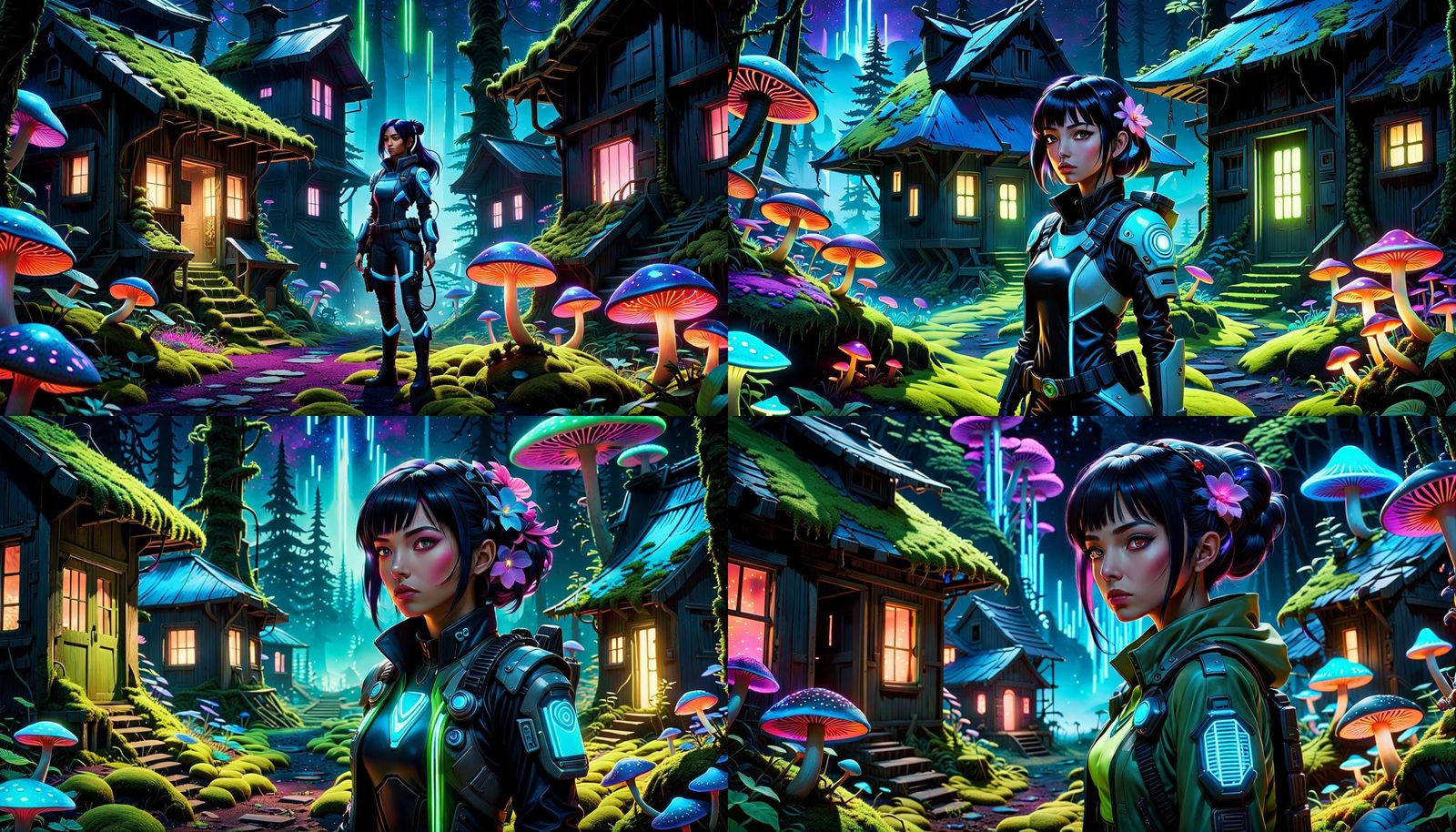 Edgy Sci-Fi Protagonist in Bioluminescent Village