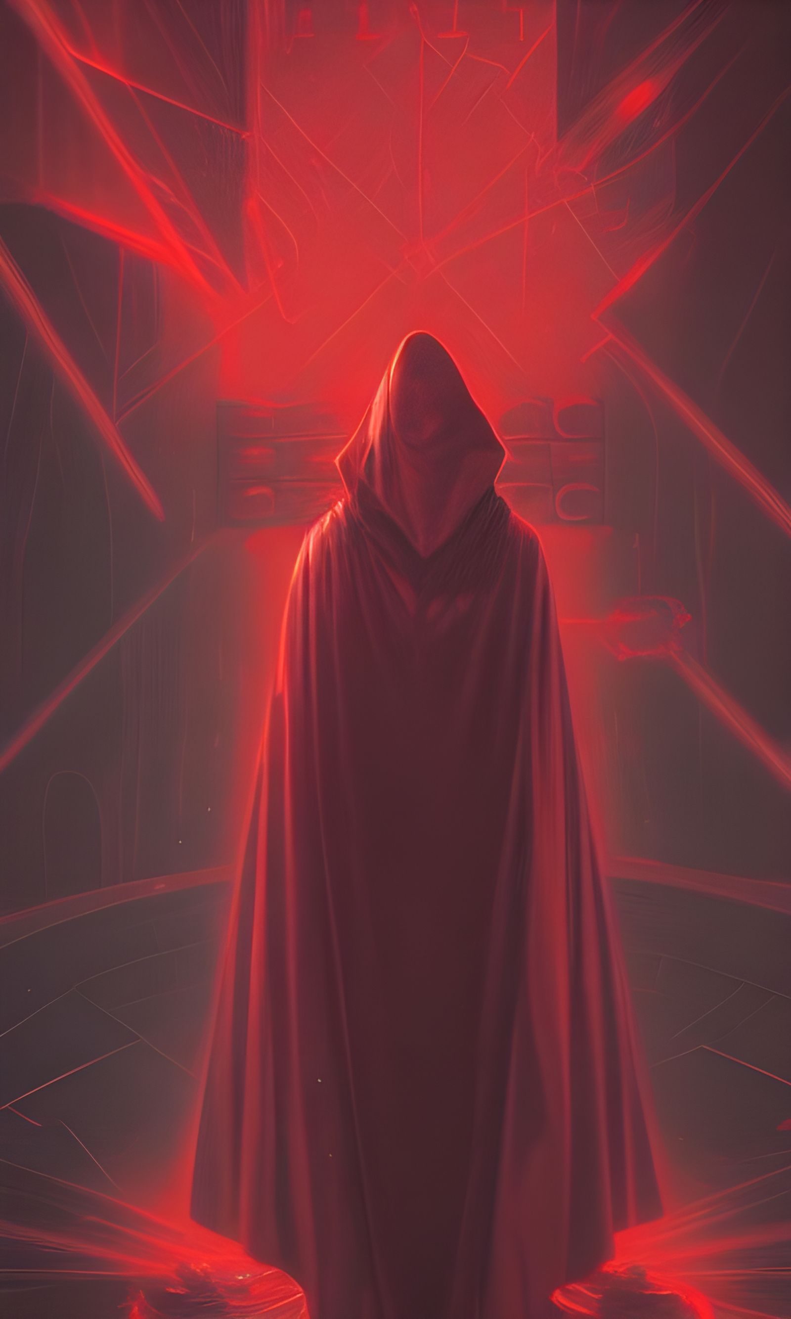 Red Cloaked Figure with Lasers in Retrowave Style