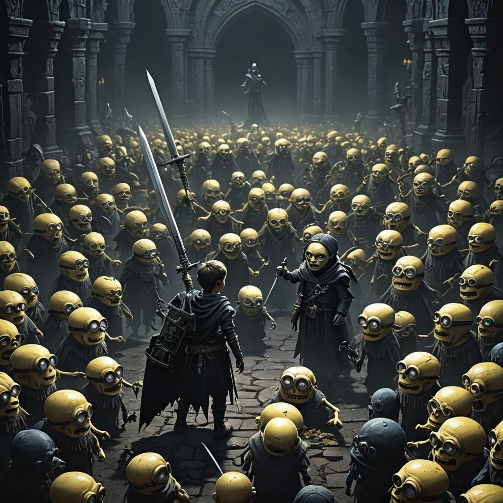 Child Warrior Confronts Undead Horde in Dark Fantasy