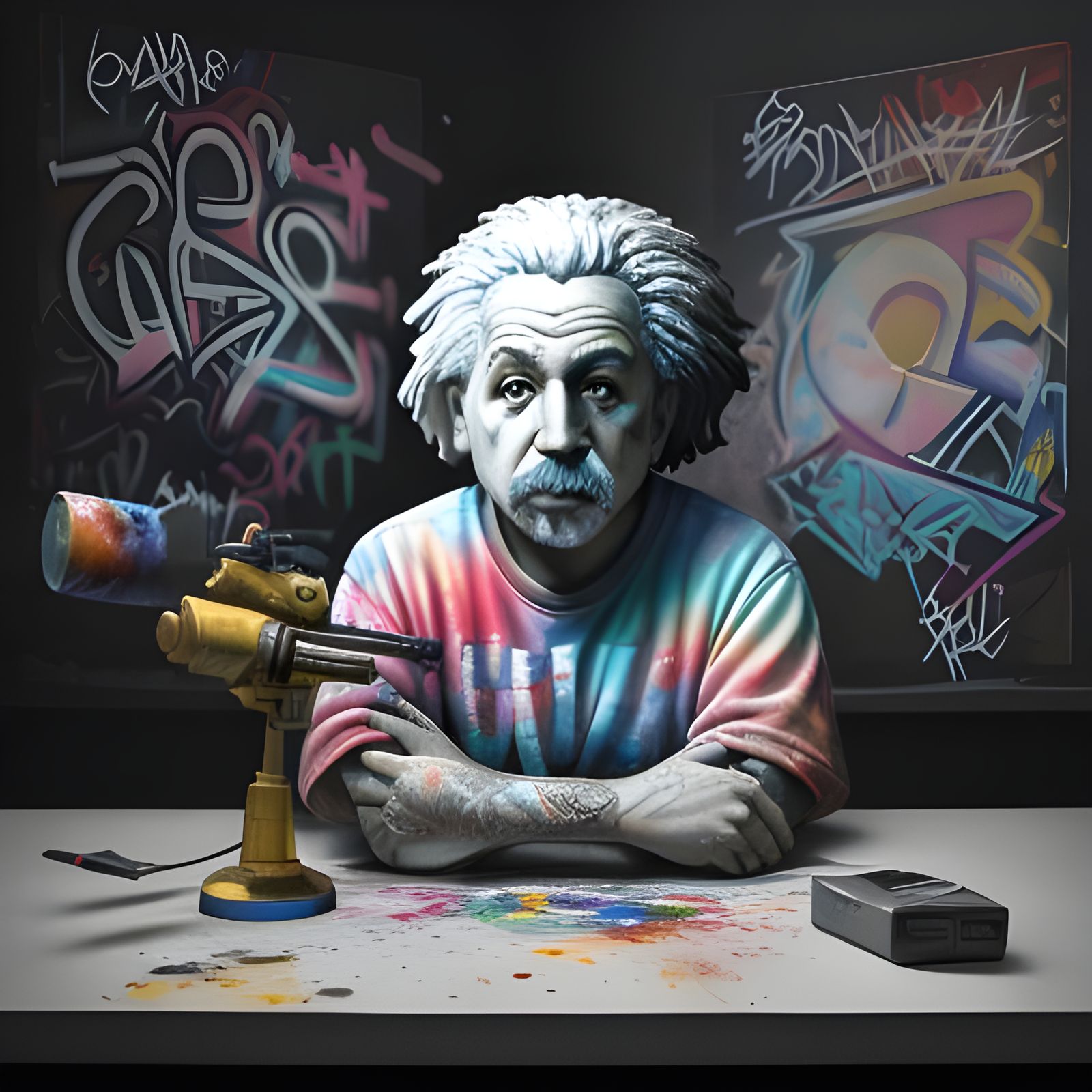 Einstein Bobblehead in Graffiti Watercolor, Hyperrealistic