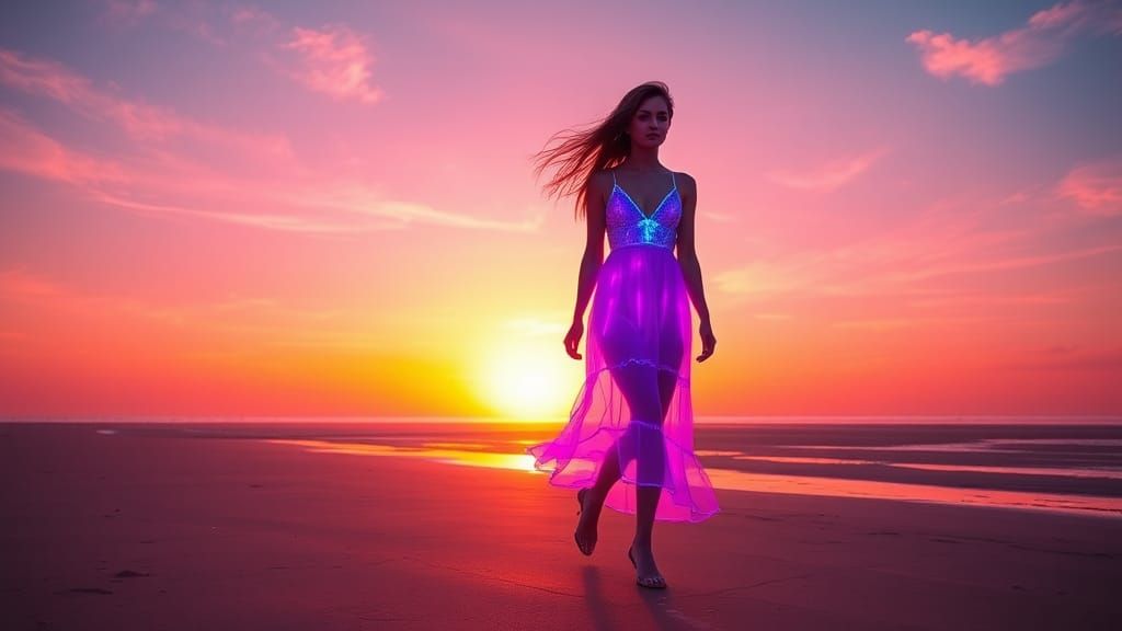 Woman on Neon Beach at Sunset in Cyberpunk Style