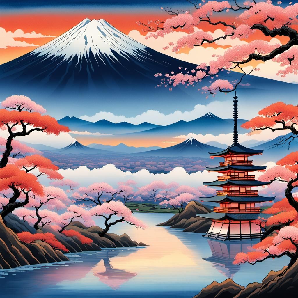 Vibrant Ukiyo-e Landscape with Mount Fuji