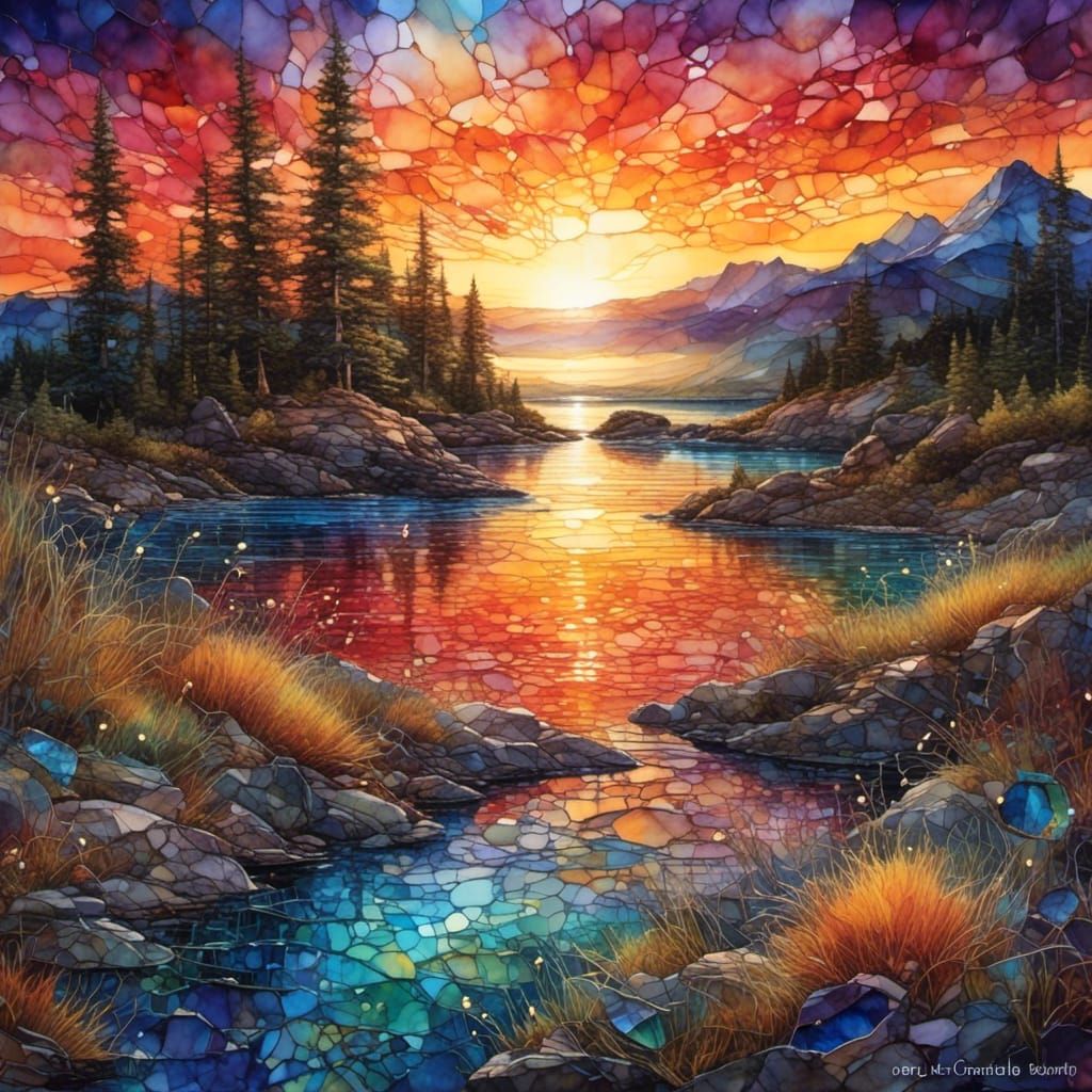 Distorted Sunset Landscape Through Broken Glass