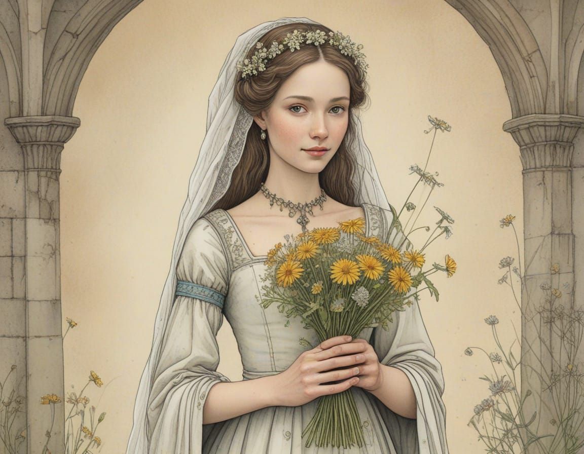 Medieval Bride with Whimsical Dandelion Bouquet