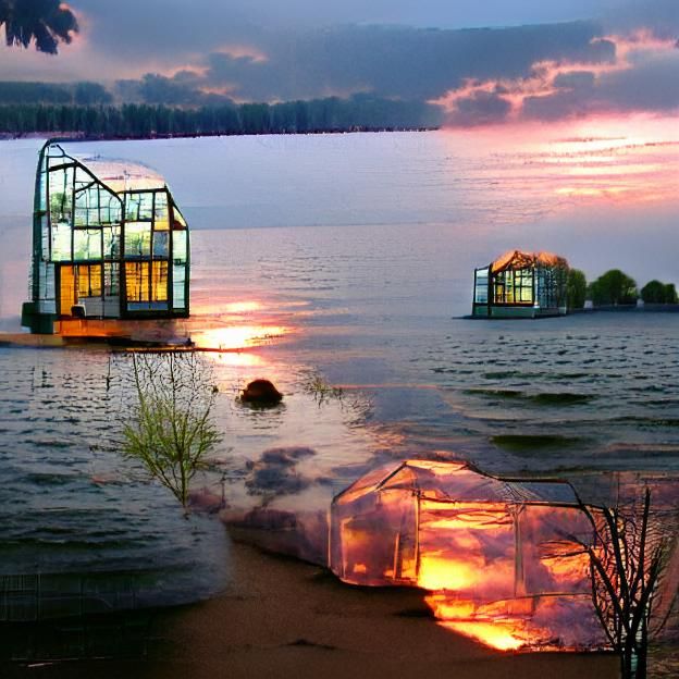 Glass House on Lake at Sunset