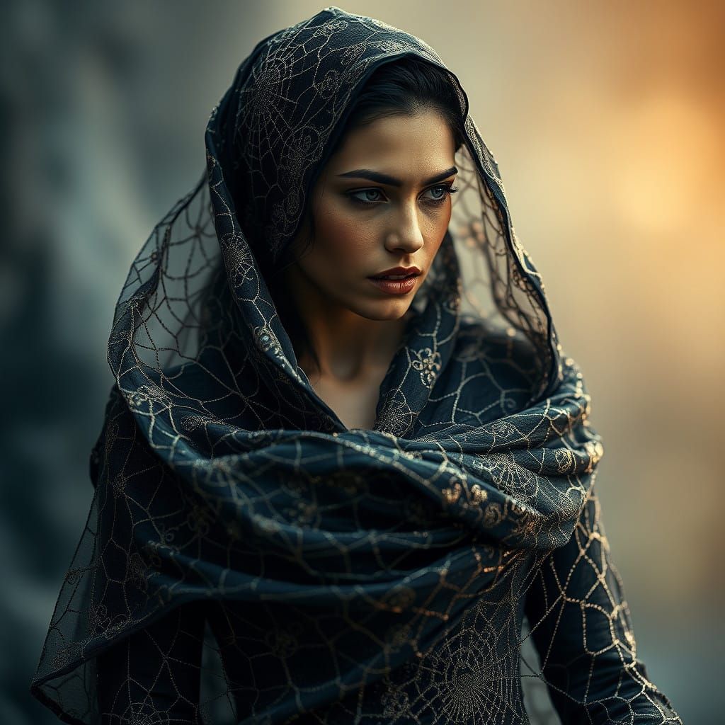 Ethereal Goddess in Metallic Gown Captured in Photorealistic...