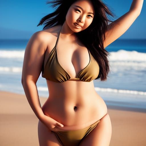 Curvy Asian Woman in Bikini on Beach
