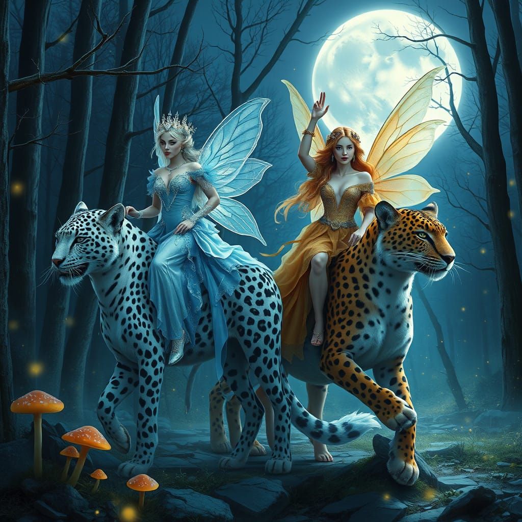 Elegant Fairies Ride Majestic Companions Amidst Moonlit Fore...