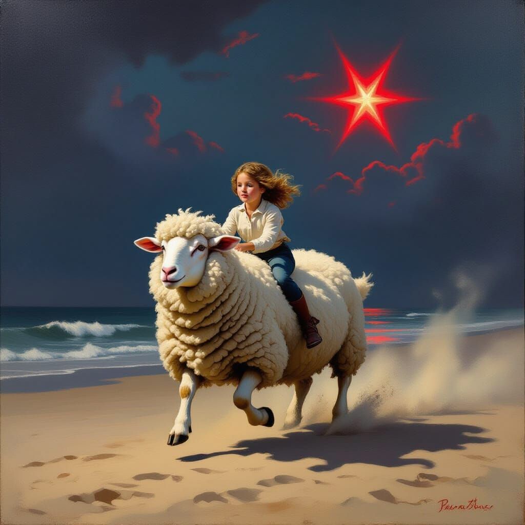 Girl Rides Sheep Under Red Star in Rembrandt Style