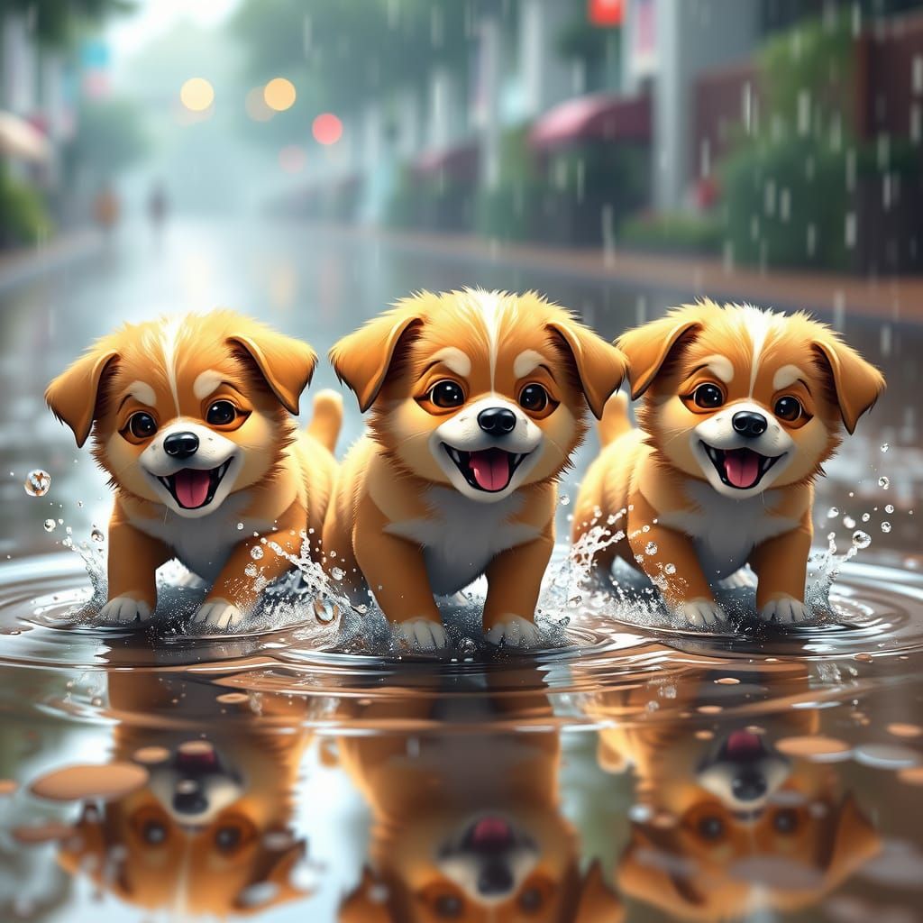 Three Puppies Splash in Rain Puddles in 3D Anime Style