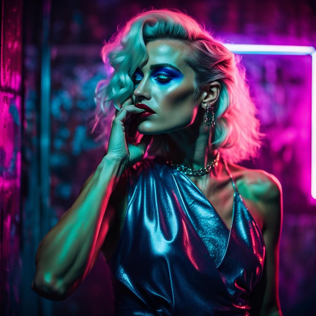 Glamorous 80s Portrait with Neon Lighting