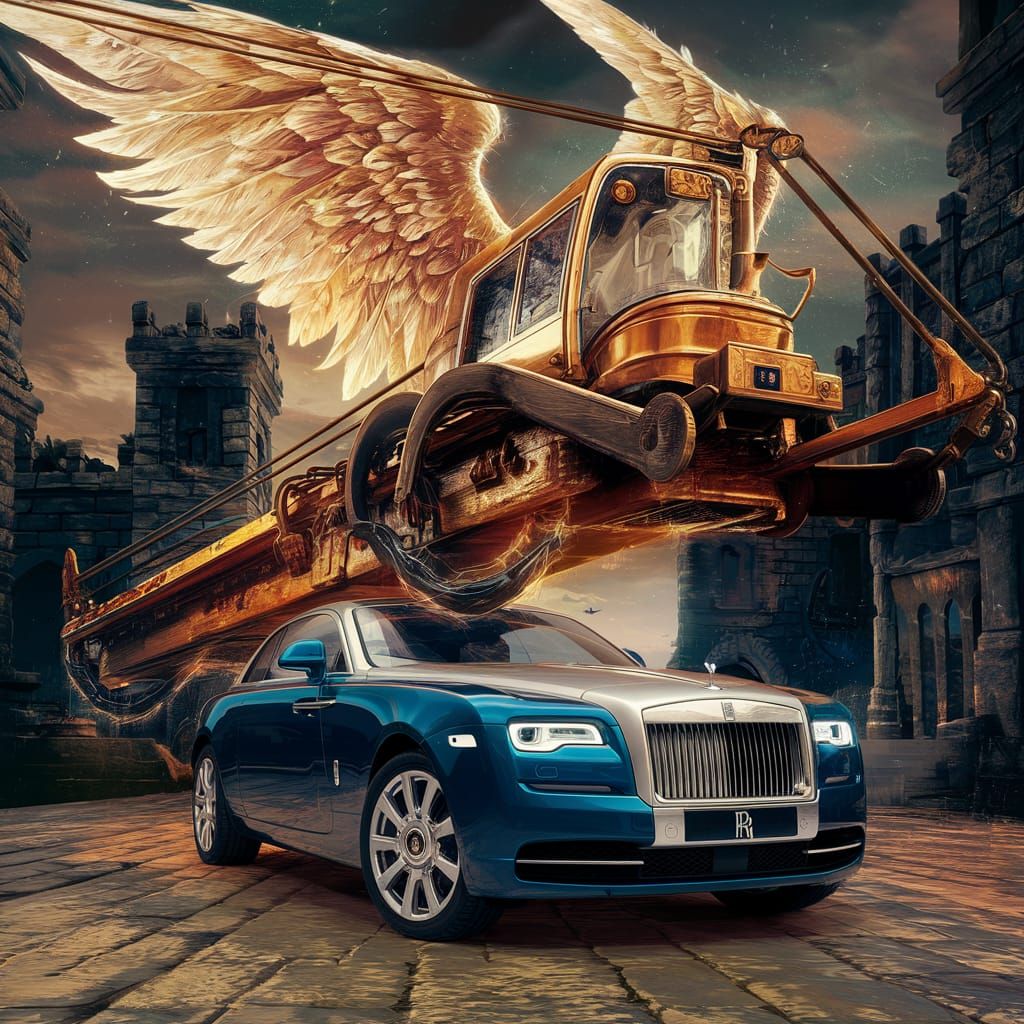 Roll Royce Devoured by Divine Crane in Heavenly Cityscape