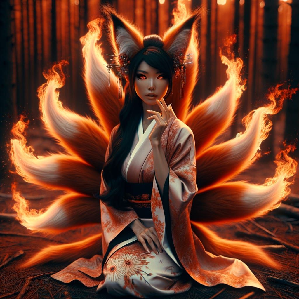 Kitsune Woman Kneeling in a Burnt Forest
