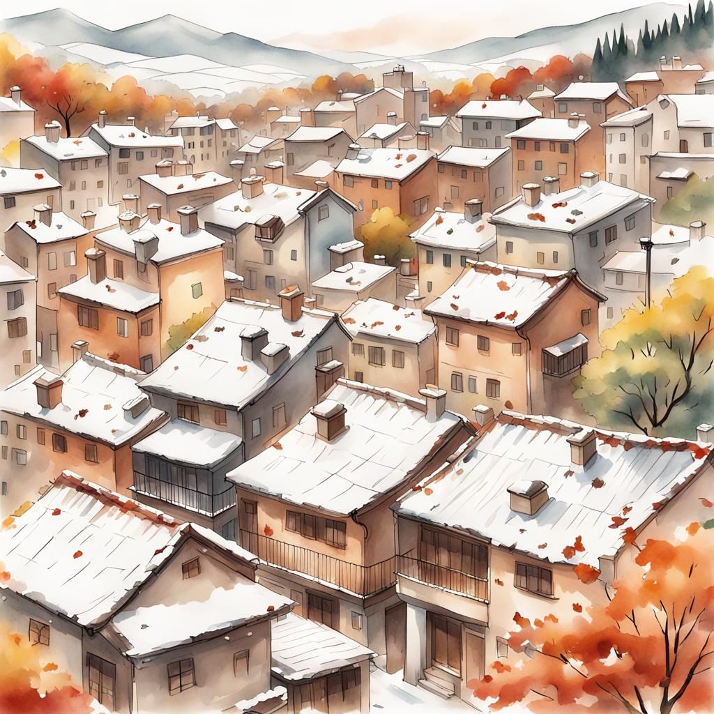 Snowy Italian Village in Anime Style