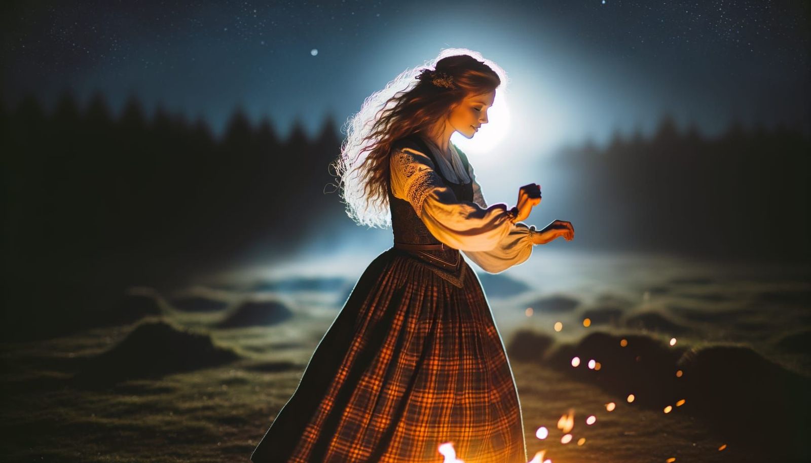 Glowing Highland Dancer under Starry Night Sky