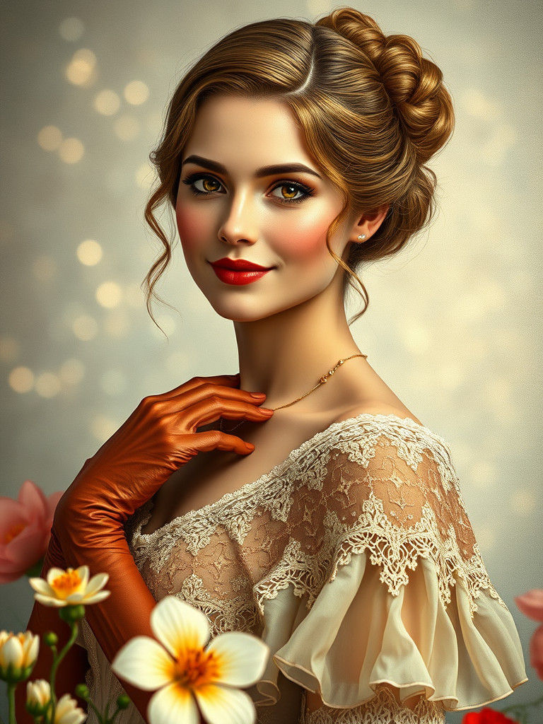Victorian Beauty with Golden Bun in Art Nouveau Style