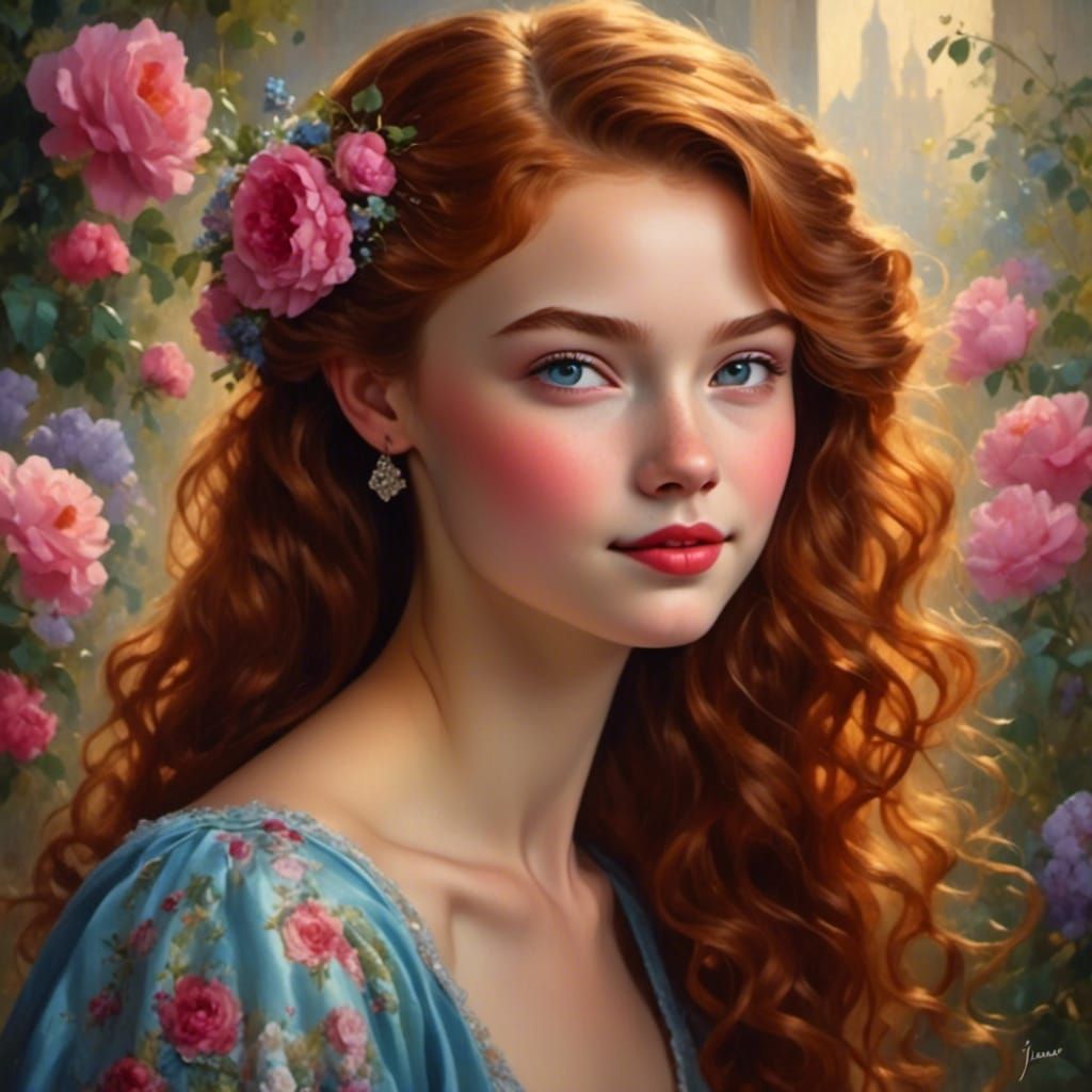 Regal Auburn-Haired Girl in Oil Painting Style