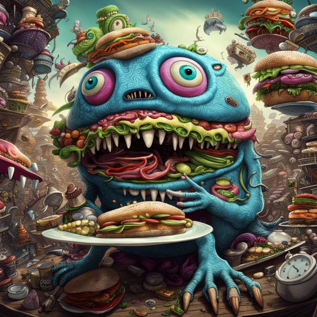 Wacky Sandwich Monster in Dark Fantasy Style