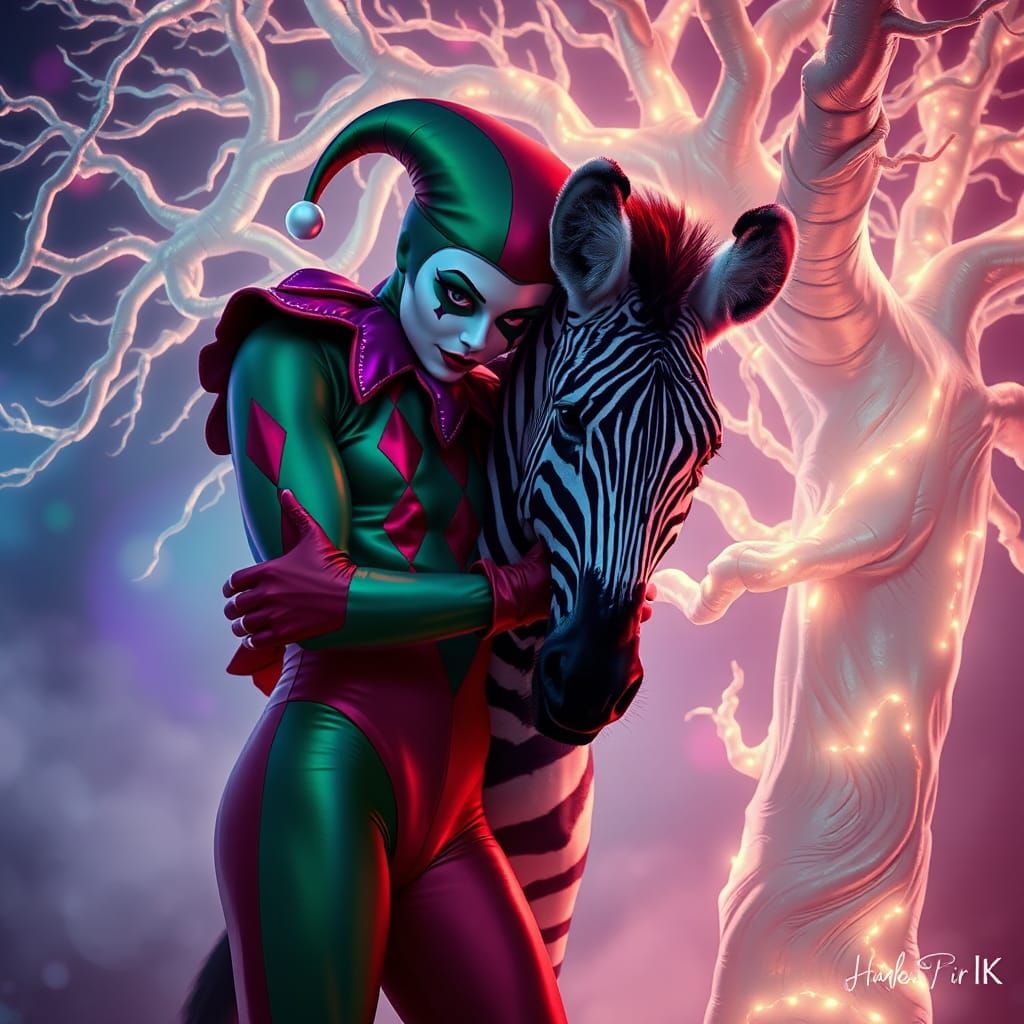 Harlequin and Zebra Embrace by Glowing Tree
