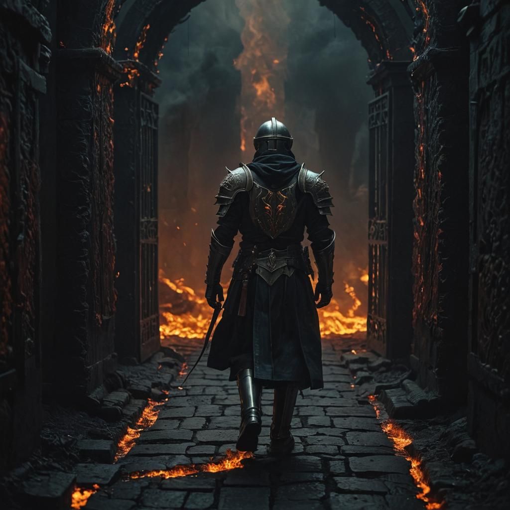 Paladin Enters Hell: Surreal Cinematic Scene