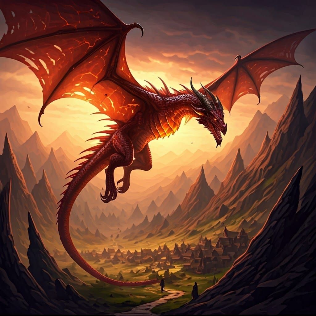 Colossal Red Dragon Soaring Above Tiny Village