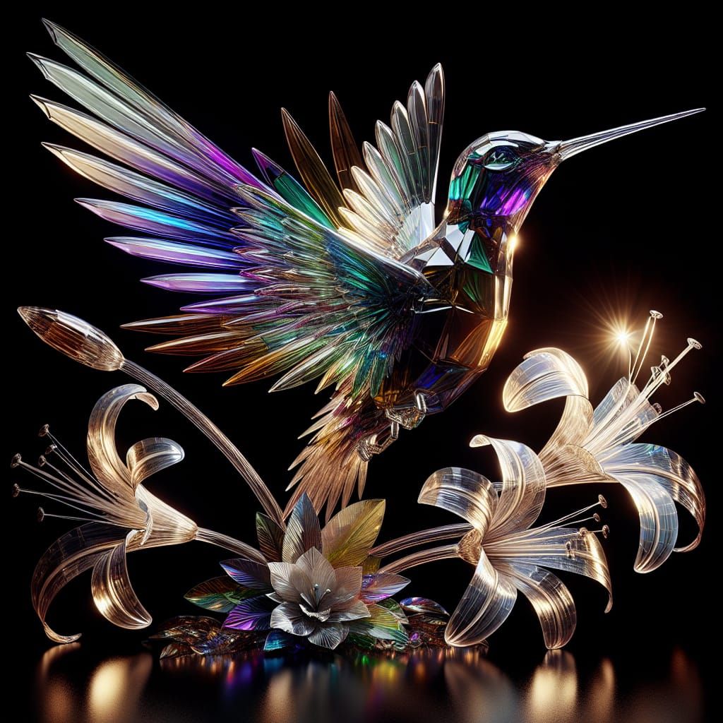 Iridescent Glass Hummingbird in Dark Fantasy Setting
