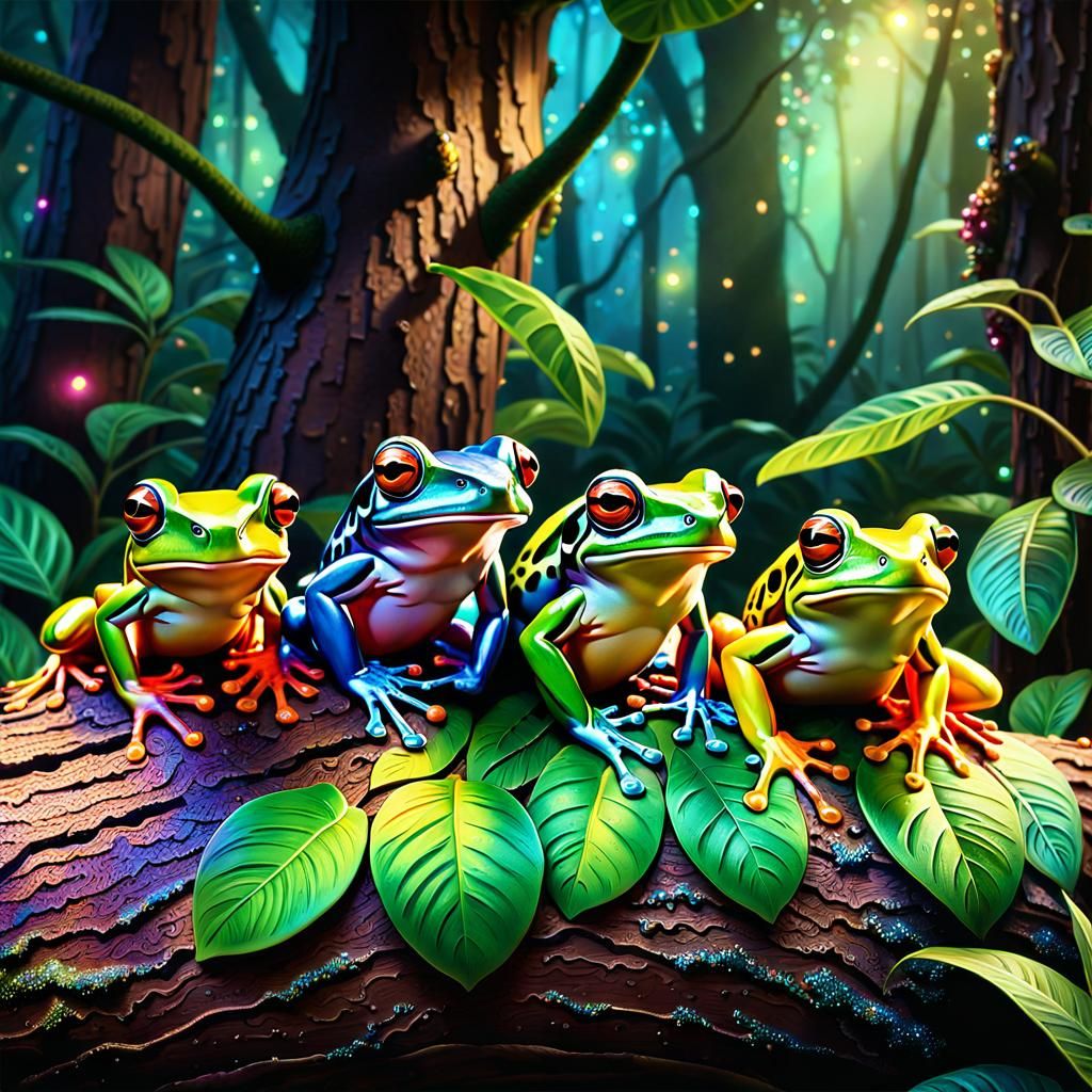 Rainbow Tree Frogs in Magical Rainforest, CGI Art