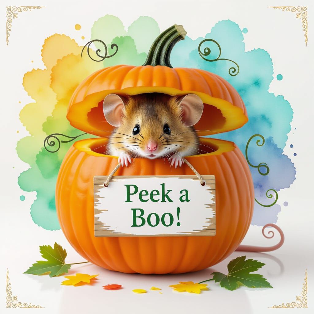 Fluffy Mouse Ears Peek from Pumpkin in Watercolor