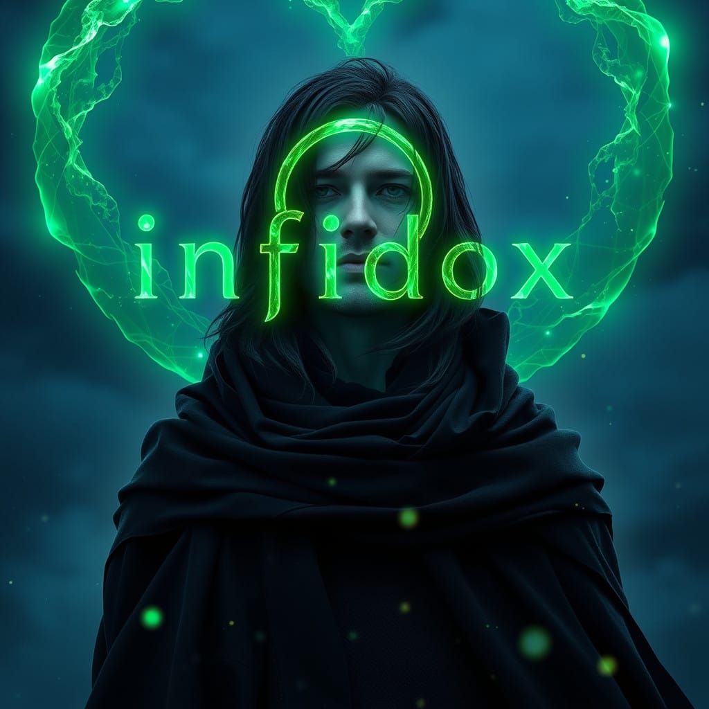 Infinite Nightscape with Green Symbol and Cloaked Figure