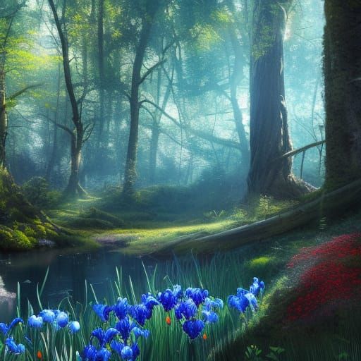 Enchanted Forest Meadow with Irises and Roses