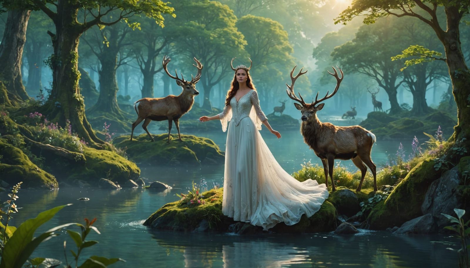 Enchanted Forest Goddess Surrounded by Majestic Wildlife