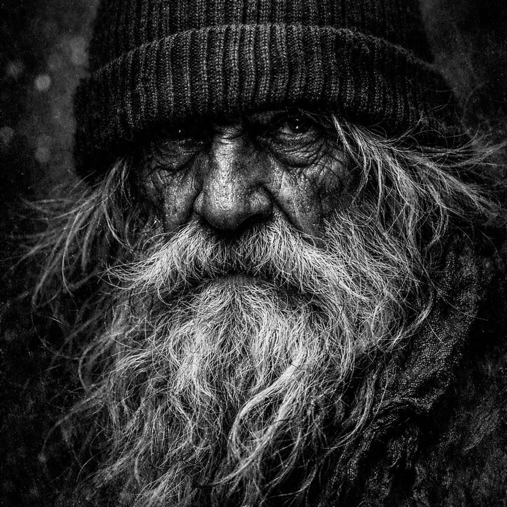 Intense Elderly Man Portrait with Textured Beard in Chiarosc...