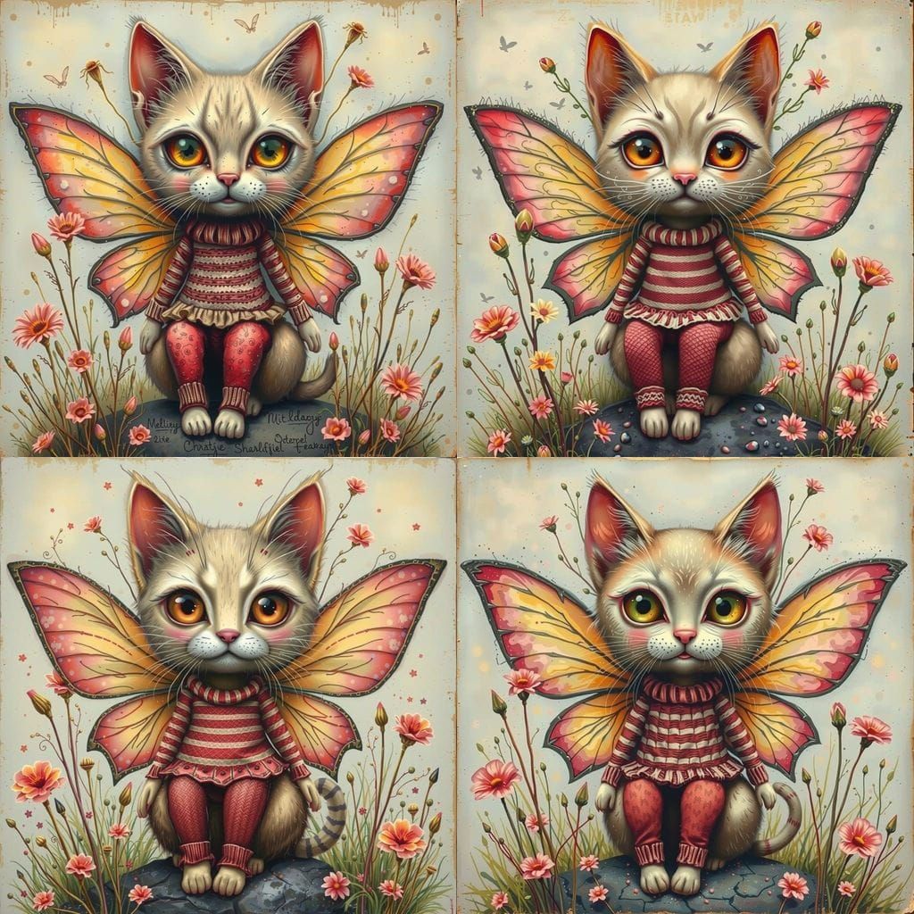Whimsical Cat Fairy in Boho Grunge Risoprint Style