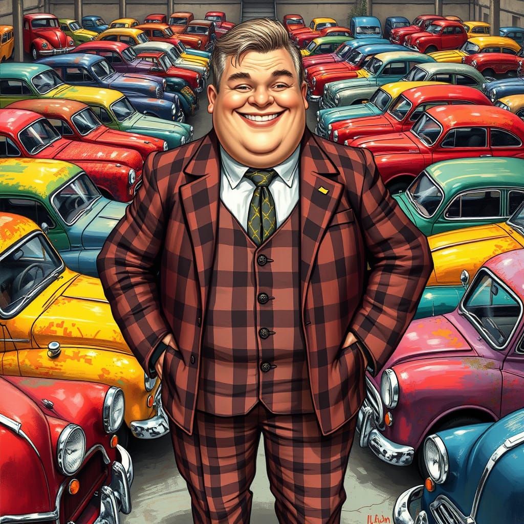 Jovial Car Salesman Surrounded by Colorful Jalopies