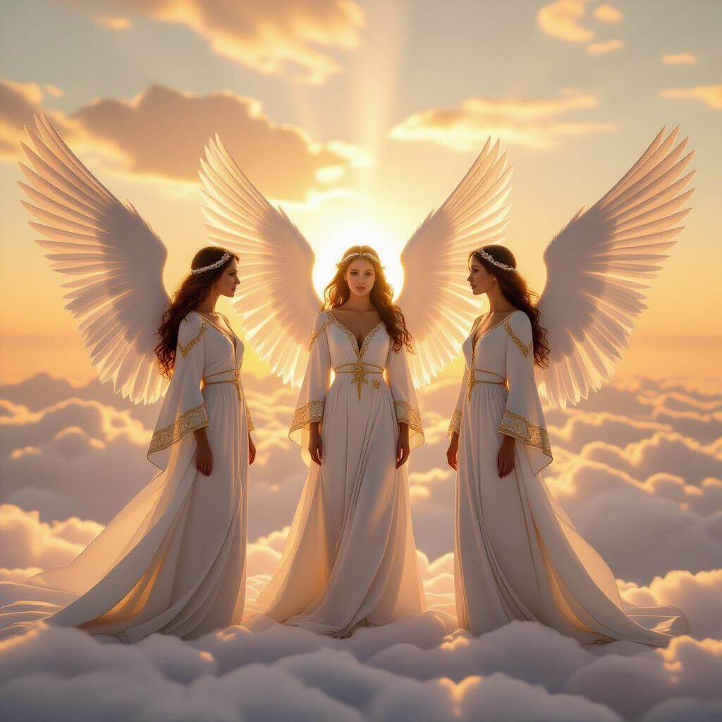 Three Majestic Angels Bathed in Celestial Light