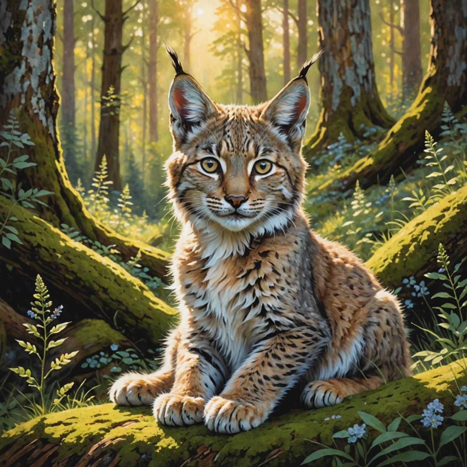 Majestic Lynx Kitten in Sun-Dappled Forest Clearing