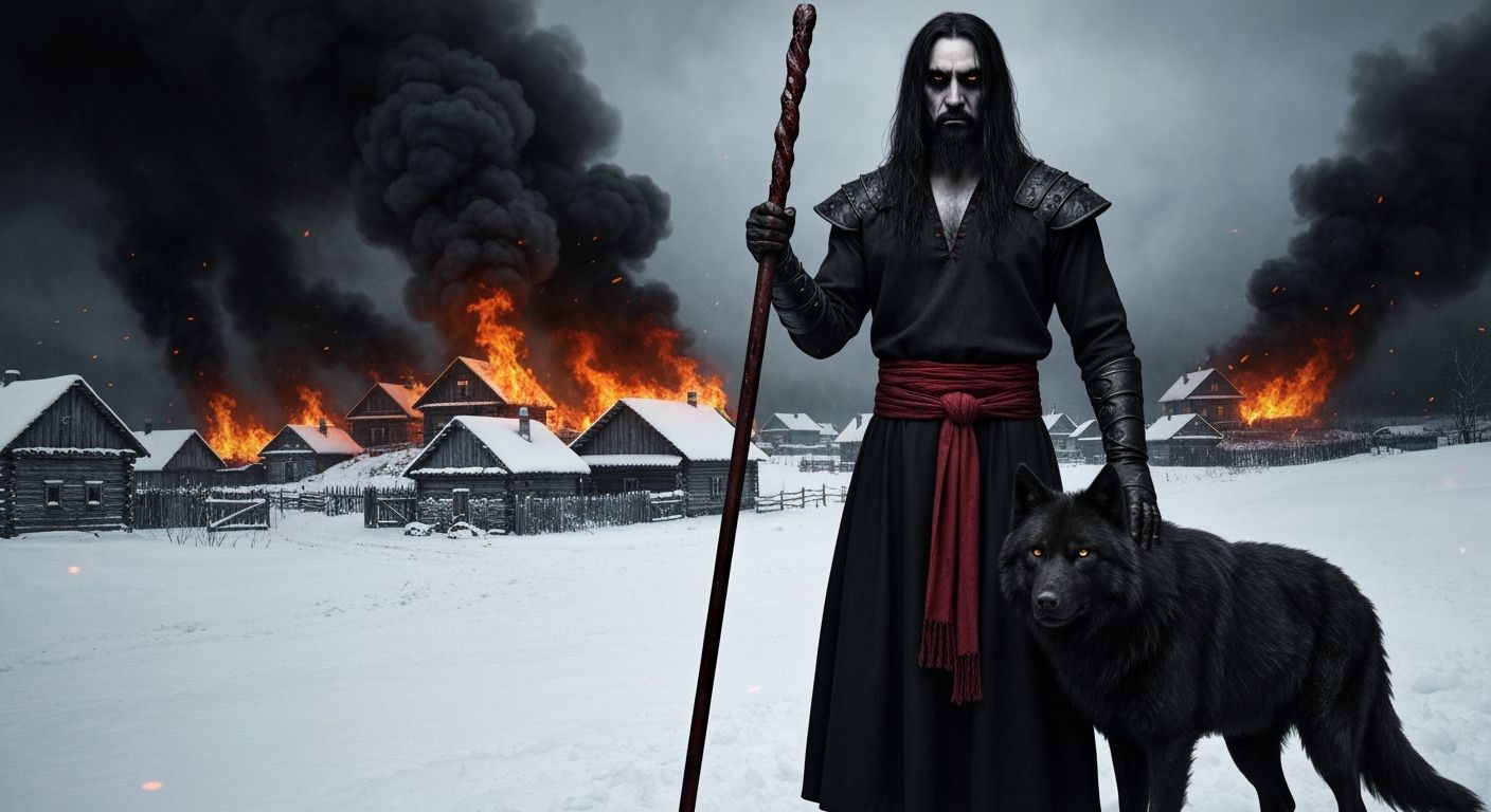 Rasputin on Snowy Cliff with Burning Village