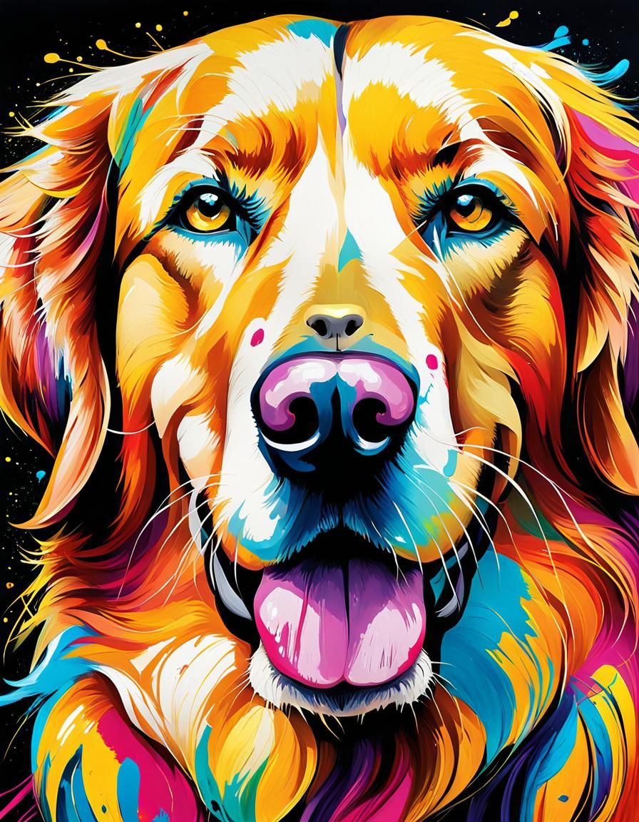 Golden Retriever with Colorful Makeup, Neo-Impressionist Sty...
