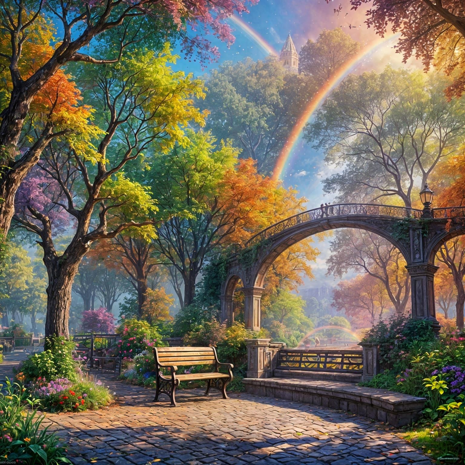 Rainbow Park Bench: Surreal Fantasy Concept Art