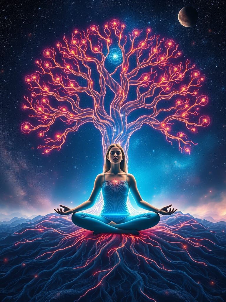 Cosmic Tree of Life with Meditating Woman in Starry Space